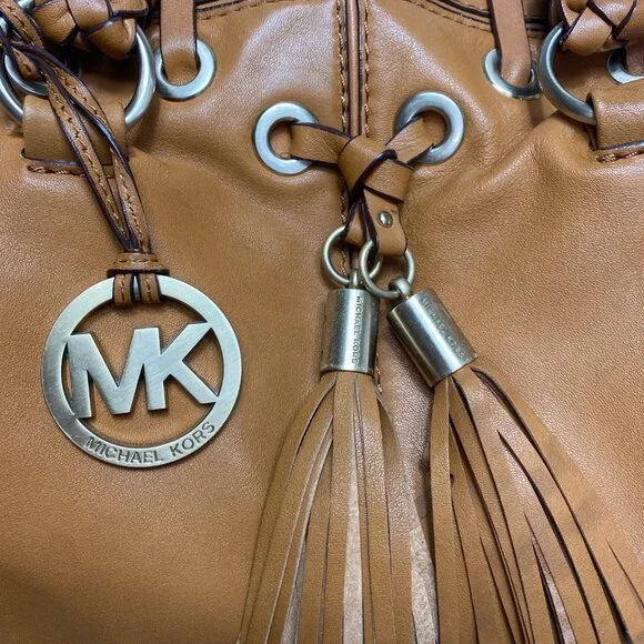 VINTAGE Michael Kors ASTOR BRAID Handbag Camel Leather Grommet Satchel Y2K - Picture 5 of 15